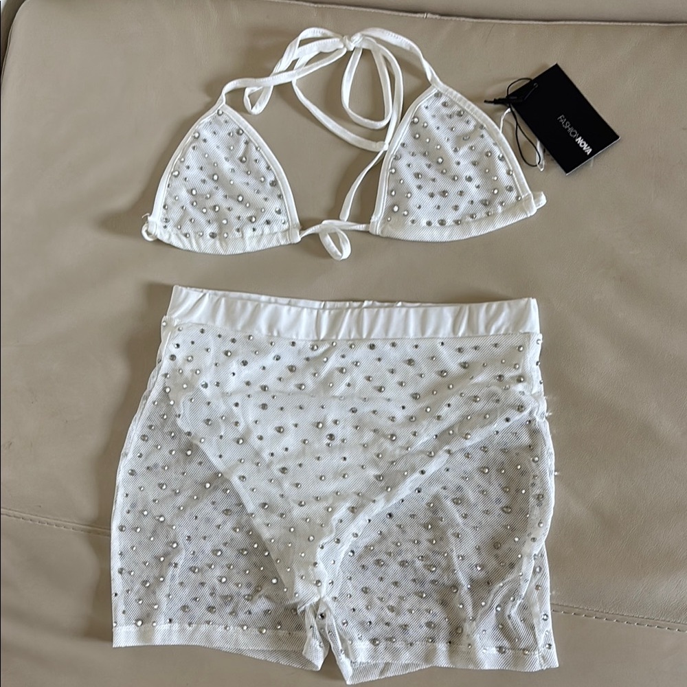 NWT White Rhinestone Bikini Set Festival - Picture 1 of 6